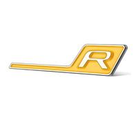 AUTOZOCO Emblema Adhesivo Logo R, Insignia R, Apto para Parte Trasera Autoadhesiva, Compatible con Mercedes AMG, 12 cm x 2.5 cm, Plástico, Color Amarillo con Letra R y Bordes Plateados
