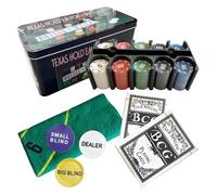 AUTOZOCO Set de Póker, Juego de póker Completo, Juego de Blackjack, Incluye 200 fichas, 2 Barajas de Cartas, botón de repartidor, ciega pequeña, Gran ciega, tapete de Juego, Caja metálica