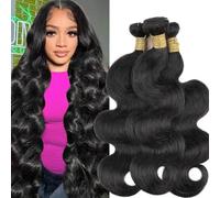 AUTTO Pelo virgen brasileño sin procesar, 3 paquetes de extensiones de cabello humano virgen ondulado, color negro natural (100 +/-5 g)/pieza, se puede teñir y decolorar (14, 16, 18)