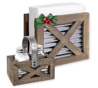 Autumn Alley Servilletero de granja y adorable juego de salero y pimentero de granja con soporte de madera, cocina occidental, metal galvanizado, servilletero rústico vertical, decoración rústica de