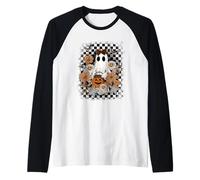 Autumn Fall Ghost Checkered Thanksgiving Design. Woman Camiseta Manga Raglan