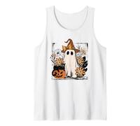 Autumn Floral Ghost and Black Cat Design. Woman Fall Camiseta sin Mangas