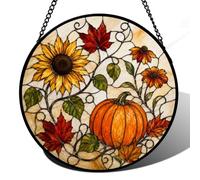 Autumn Glass Window Hanging, Round Harvest Panel for Seasonal Home Decor(Set2,7.87 Inch)