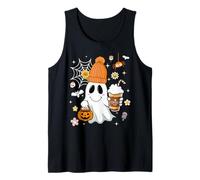 Autumn Men Women Cute Ghost Drinking Coffee Spooky Halloween Camiseta sin Mangas