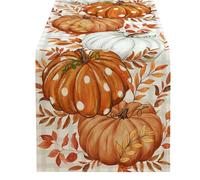 Autumn Pumpkin Runner | Rustic Linen Cloth - Harvest Fall Decor with Pumpkins & Leaves, 13x72 Inch Farmhouse Runner for Thanksgiving Dinner, Kitchen , Holiday Events, Seasonal Decorat