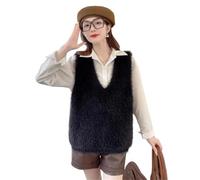 Autumn Winter Women Stylish Chic Imitation Mink Knitted Sweater Vest Female Casual Solid V Neck Loose All Match Waistcoat(Black,XS)