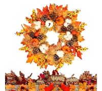 Autumn Wreath - 17.72 Inch Fall Front Door Wreath with Pumpkins, Berries, and Leaves for Thanksgiving, Halloween with Seasonal Charm, Farmhouse Sign Decor for Porch, Fireplace, Window, Wall