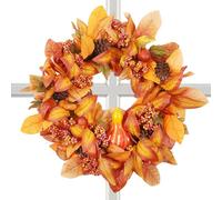 Autumn Wreath - 20 Inch Fall Maple Leaf Wreath for Thanksgiving, Harvest Display with Pumpkin Accents, Decorative Ornament for Entrance, Wall, Office, Coffee Shop, Apartment, Artificial Red Yellow