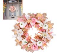 Autumn Wreath with White Pumpkins and Pink Flowers Leaves, Cute Maple Leaf Pumpkin Thanksgiving Wreath for Front Door, 15.7 Inch Farmhouse Fall Harvest Wreaths