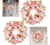 Autumn Wreath with White Pumpkins and Pink Flowers Leaves, Cute Maple Leaf Pumpkin Thanksgiving Wreath for Front Door, 15.7 Inch Farmhouse Fall Harvest Wreaths