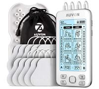 AUVON Electroestimulador TENS de 4 salidas, TENS EMS para terapia de alivio del dolor con masajeador de pulso eléctrico de 24 modos, 10 piezas de electrodos premium de 2"x 2" con diseño patentado