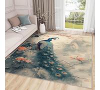 AUWUUA Alfombra de Pavo Real de 80 x 120 cm, diseño japonés Chino de Flor de Cerezo, con diseño Floral de pájaro y Plumas de Pavo Real Azul, Antideslizante, para Dormitorio, Sala de Juegos Entrada.