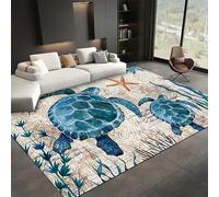 AUWUUA Alfombra de Tortuga Marina de 200x200cm con Criaturas Marinas Azules, Estrella de mar y brújula Alfombra Suave, Lavable y Antideslizante para habitación Infantil, Sala de Estar, Dormitorio