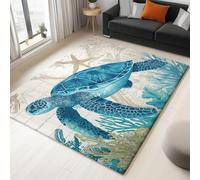 AUWUUA Alfombra diseño de Tortuga para habitación Infantil, 100 x 140 cm, Color Azul y Verde, con Criaturas Marinas y corales, Lavable y Antideslizante, Suave, para Decorar la Sala de Juegos.