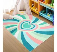AUWUUA Alfombra Infantil con diseño de corazón, 250 x 365 cm, Color Verde y Rosa, con Rayas de corazón, para habitación de niños y niñas, Lavable, Antideslizante, Multicolor