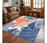 AUWUUA - Alfombra Japonesa con diseño de pez koi (60 x 120 cm), Estilo Bohemio asiático, para Dormitorio, Entrada, Color Azul, Lavable, Antideslizante, Suave, para Sala de Juegos Infantil