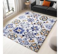 AUWUUA - Alfombra Lavable con Estampado de Azulejos portugueses (100 x 120 cm), Estilo Turco, Suave, Fina, de Pelo Corto, Antideslizante, para Dormitorio, Comedor y Oficina
