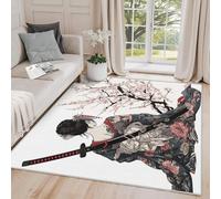 AUWUUA Alfombras Japonesas para Dormitorio y Sala de Estar, Alfombra Japonesa de 120 x 120 cm con Diseño de Geisha y Flor de Cerezo, Felpudo con Katana Samurái, Alfombra Lavable y Antideslizante