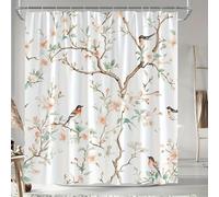 AUWUUA Cortina de Ducha con diseño de pájaros y Flores asiáticas, 125 x 225 cm/AnxAL, diseño Oriental Retro de Primavera, Flores, Ramas florecientes, decoración de baño, con Gancho