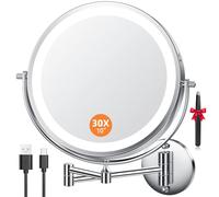 Auxmir 10‘’ Espejo Maquillaje con Luz 30X/1X Aumento Recargable 5000mAh Doble Cara Giratorio 360, Espejo Grande Baño Pared Brazo Extensible USB, 3 Colores Brillo Regulable Hotel, Plata