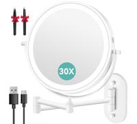 Auxmir 8″ Espejo Maquillaje con Luz Pared 1X/30X Aumento Recargable 3200mAh | Doble Cara Giratoria 360° con Brazo Extensible, 3 Colores de Luz y Brillo Regulable, Apto para Baño y Hotel, Blanco, Φ20cm