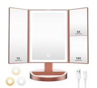 Auxmir Espejo de Maquillaje con Luz Recargable Tríptico de Mesa con Aumento 1X/5X/10X, 68 Luces LED Regulables y Interruptor Táctil, Rotación 180° para Tocador y Viaje, Oro Rosa