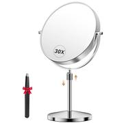 Auxmir Espejo Maquillaje 30X/1X Aumento Altura Ajustable 360 Giratorio Telescópico Extensible Sobremesa para Baño Tocador Mesa, Plateado (Sin Luz)