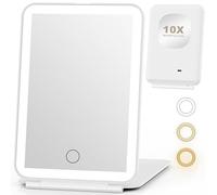 Auxmir Espejo Maquillaje con Luz 10X/1X Recargable Doble Cara, Espejo Aumento Táctil Ligero Plegable Portátil 50 Leds 3 Colores de Luz Brillo Regulable con USB 1500mAh para Bolso Viajes, Blanco