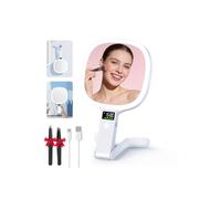 Auxmir Espejo Maquillaje con Luz 1X/30X Recargable con Pantalla Inteligente | Doble Cara Aumento Portátil, 2500mAh con USB-C, Pantalla de Batería y Reloj, Colgable para Pared, Uso de Mesa o Mano, Blanco