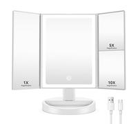 Auxmir Espejo Maquillaje con Luz 2000mAh Recargable 10X/5X/1X Aumento Tríptico 68 Leds Pantalla Táctil Brillo Regulable 180° Giratorio 3 Colores Luz USB, Blanco