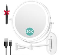 Auxmir Espejo Maquillaje con Luz 20X/1X Aumento 3200mAh Doble Cara Giratorio 360, Espejo Baño Pared Extensible Táctil con USB, 3 Colores Brillo Regulable, para Hotel, Blanco