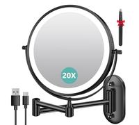 Auxmir Espejo Maquillaje con Luz 20X/1X Aumento 3200mAh Doble Cara Giratorio 360, Pared Extensible Baño Táctil Recargable USB, 3 Colores Brillo Regulable, Negro