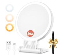 Auxmir Espejo Maquillaje con Luz, 20X/1X Aumento de Doble Cara, Espejo 72 Leds 3 Colores de Luz, 2000 mAh con USB Pinza, Colgar Pared Brillo Regulable para Bolso Viajes, Blanco
