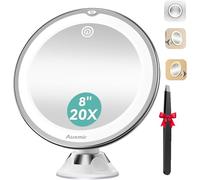 Auxmir Espejo Maquillaje con Luz 20X, Espejo Aumento Ducha Pared, Ventosa Fuerte, 3 Colores de Luz, Giratorio 360, para Baño Viaje Afeitado Depilación Cejas, Redondo, Blanco