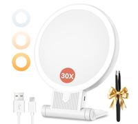 Auxmir Espejo Maquillaje con Luz, 30X/1X Aumento de Doble Cara, Espejo 72 Leds 3 Colores de Luz, 2000 mAh con USB Pinza, Colgar Pared Brillo Regulable para Bolso Viajes, Blanco