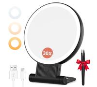 Auxmir Espejo Maquillaje con Luz, 30X/1X Aumento de Doble Cara, Espejo 72 Leds 3 Colores de Luz, 2000mAh con USB Pinza, Colgar Pared Brillo Regulable para Bolso Viajes, Negro