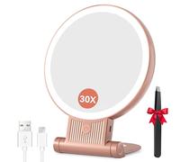 Auxmir Espejo Maquillaje con Luz, 30X/1X Aumento de Doble Cara, Espejo 72 Leds 3 Colores de Luz, 2000mAh con USB Pinza, Colgar Pared Brillo Regulable para Bolso Viajes, Oro Rosa