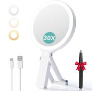 Auxmir Espejo Maquillaje con Luz, 30X/1X Aumento Doble Cara 2000mAh Recargable USB Type-C 56 Leds 3 Colores de Luz Brillo Regulable, Colgar Pared Mesa Portátil, Blanco