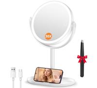 Auxmir Espejo Maquillaje con Luz, 30X/1X Aumento Doble Cara Recargable 2000mAh USB Type-C, Base Soporte para Móvil Portátil, 360 Giratorio 3 Colores Brillo Regulable, Blanco