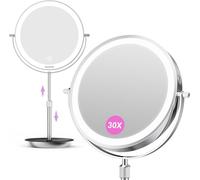 Auxmir Espejo Maquillaje con Luz, 30X/1X Aumento Espejo Telescópico Altura Ajustable 3000mAh Recargable USB, 3 Colores de Luz 60 Leds Brillo Regulable 360 Giratorio, Plata