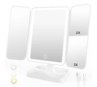 Auxmir Espejo Maquillaje con Luz, 52 Leds Espejo 1X/2X/3X Aumento, 2000mAh Espejo Tríptico Recargable, con Pantalla Táctil Ajustable USB, 3 Colores de Luz, 180° Giratorio, Blanco