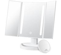 Auxmir Espejo Maquillaje con Luz, Espejo Aumento Pequeño 10X, Espejo Sobremesa Tríptico Táctil Plegable Triple, Giratorio 180 para Tocador Baño Afeitado Depilación, Blanco