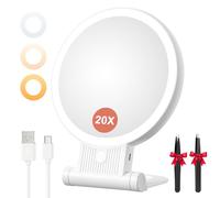 Auxmir Espejo Maquillaje con Luz LED, 20X/1X Aumento Doble Cara, 72 Leds 3 Colores Luz y Brillo Regulable, 2000mAh Recargable por USB, Colgable de Pared, Portátil para Bolso y Viajes, Blanco