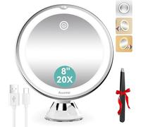 Auxmir Espejo Maquillaje con Luz LED, 20X Espejo Aumento con Ventosa, 2000 mAh Recargable USB, 360 Giratorio, 3 Colores de Luz, Inalámbrico para Pared Baño Viaje, Afeitado Depilación Cejas, Redondo