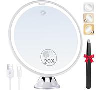 Auxmir Espejo Maquillaje con Luz LED, 20X Espejo Aumento con Ventosa, USB Recargable, 360 Giratorio, 3 Colores de Luz, Inalámbrico para Pared Baño Viaje, Afeitado Depilación Cejas, Redondo
