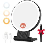 Auxmir Espejo Maquillaje con Luz LED, 30X/1X Aumento Doble Cara, 72 Leds 3 Colores Luz y Brillo Regulable, 2000mAh Recargable por USB, Colgable de Pared, Portátil para Bolso y Viajes, Negro