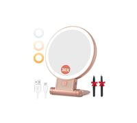 Auxmir Espejo Maquillaje con Luz LED, 30X/1X Aumento Doble Cara, 72 Leds 3 Colores Luz y Brillo Regulable, 2000mAh Recargable por USB, Colgable de Pared, Portátil para Bolso y Viajes, Oro Rosa