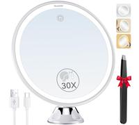 Auxmir Espejo Maquillaje con Luz LED, 30X Espejo Aumento con Ventosa, USB Recargable, 360 Giratorio, 3 Colores de Luz, Inalámbrico para Pared Baño Viaje, Afeitado Depilación Cejas, Redondo