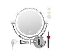 Auxmir Espejo Maquillaje con Luz Pared, 1X/20X Aumento Doble Cara Giratorio 360, Espejo Baño Extensible Táctil con Enchufe, 3 Colores Brillo Regulable, para Hotel, SPA, Plata