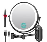 Auxmir Espejo Maquillaje con Luz Pared Aumento 1X/30X Recargable 3200mAh Doble Cara Giratorio 360, Espejo Baño Brazo Extensible Táctil USB, 3 Colores Brillo Regulable, Negro